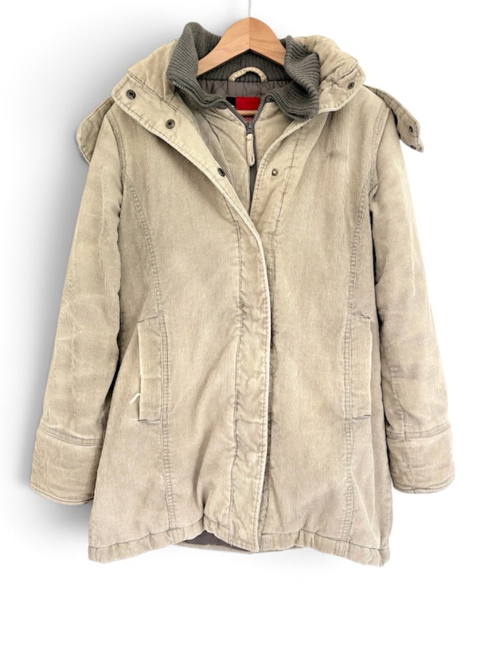 Vintage Y2K Corduroy Parka Jacket Distressed Hooded Quilted Beige Grey Medium